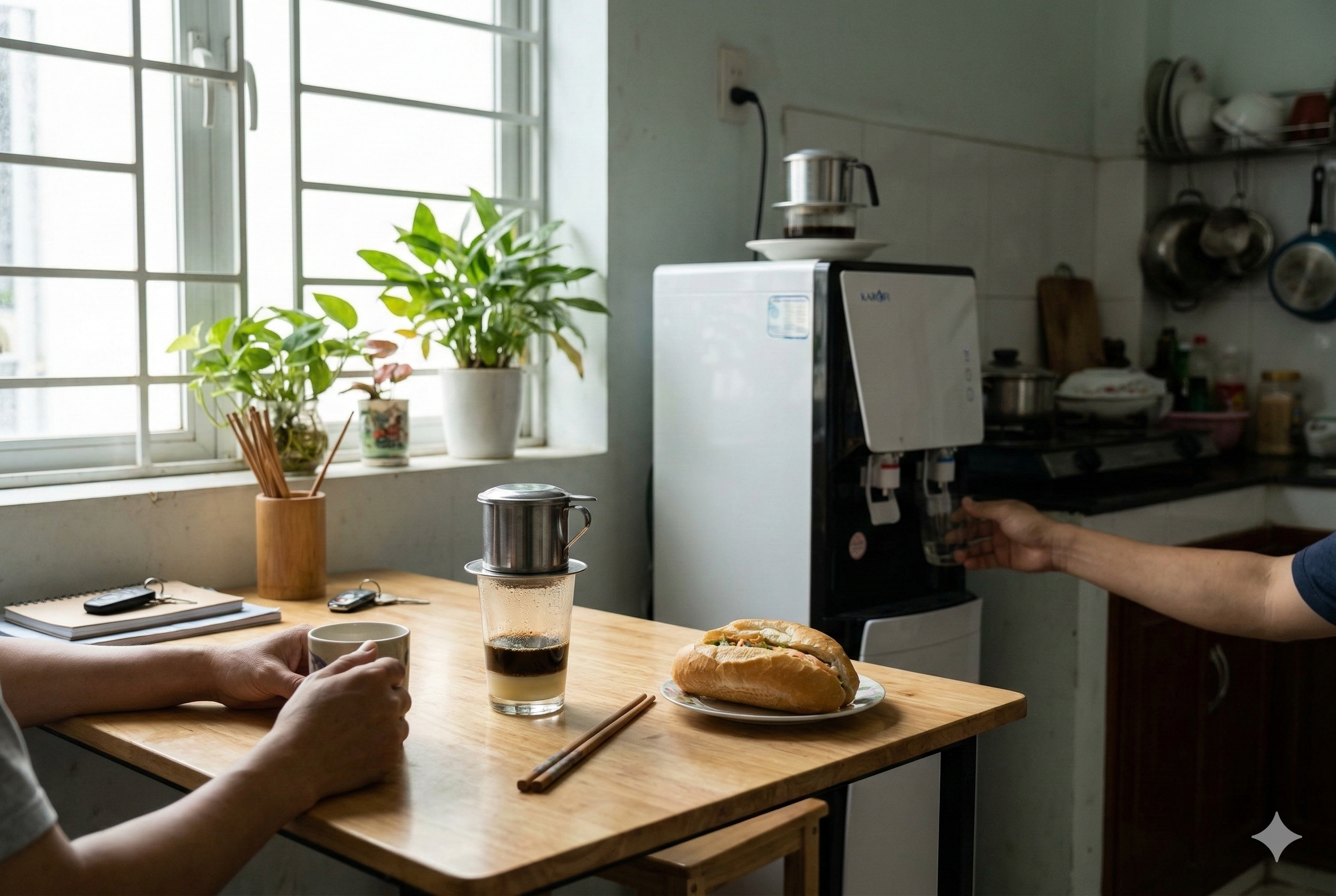 Pha cà phê phin tại nhà với nước nóng từ máy lọc nước